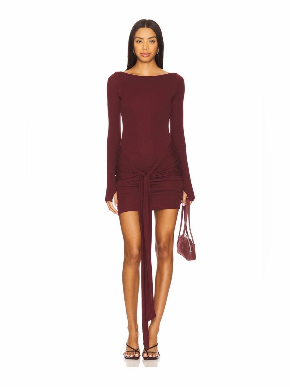 REVOLVE Long-Sleeve Burgundy Wine Tie-Waist Mini Dress